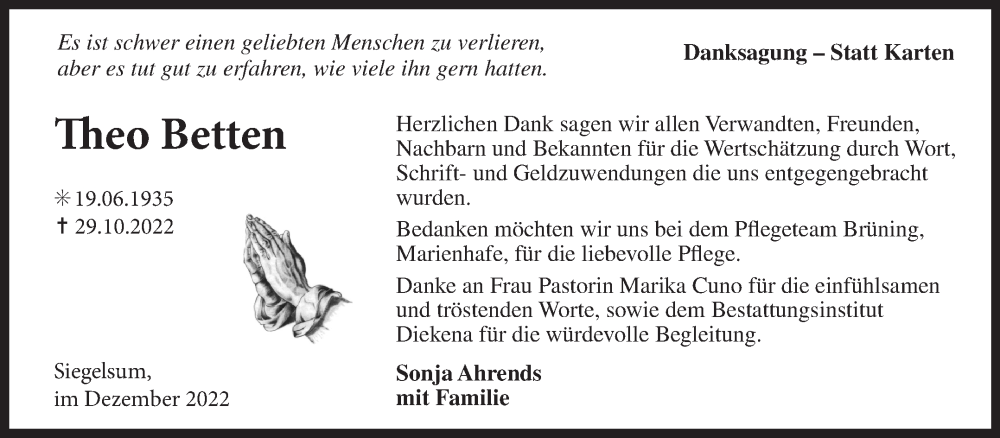  Traueranzeige für Theo Betten vom 03.12.2022 aus 