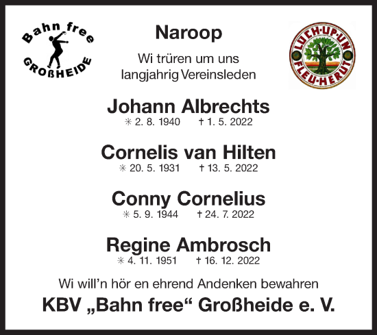 Traueranzeige von Trauerfälle KBV Bahn free Großheide e.V. 