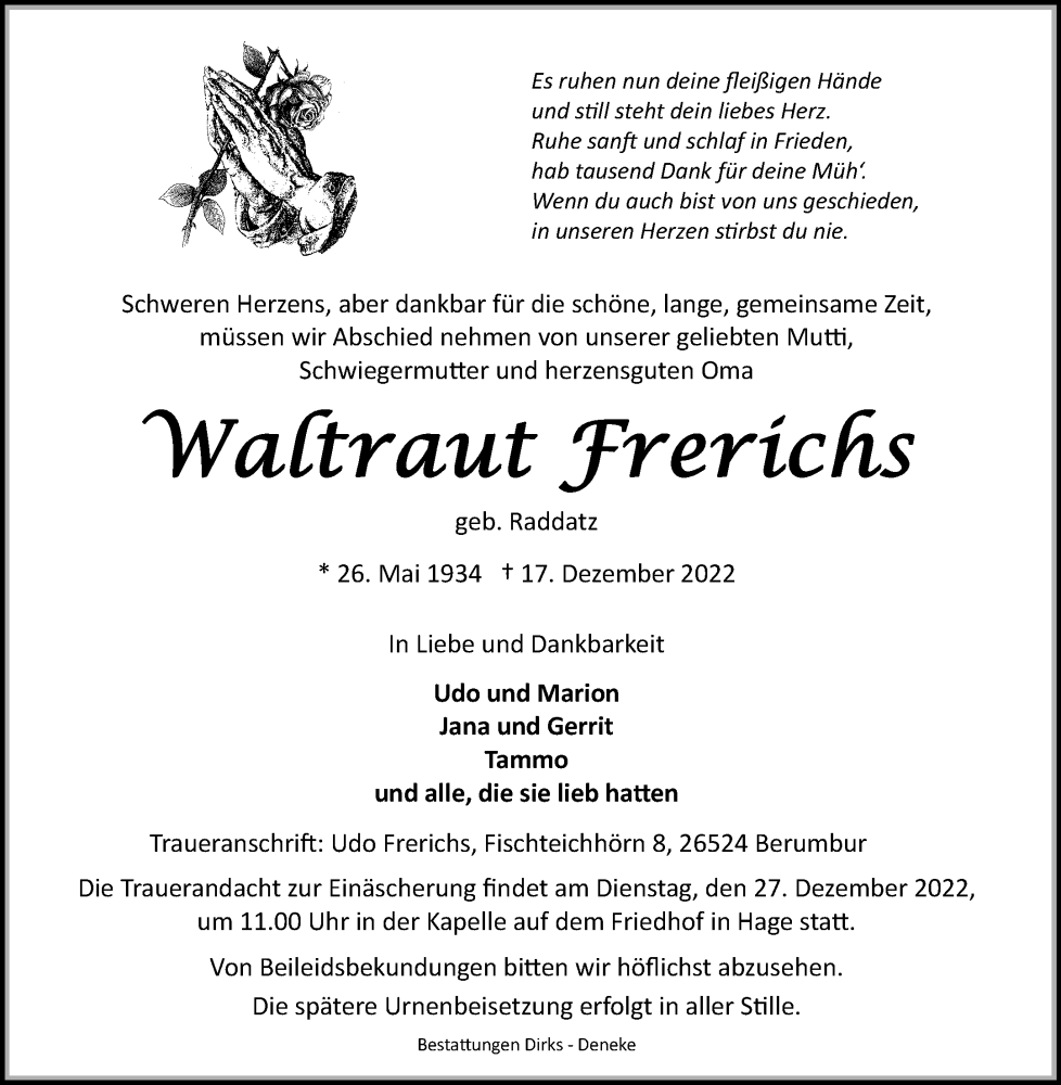  Traueranzeige für Waltraut Frerichs vom 23.12.2022 aus 