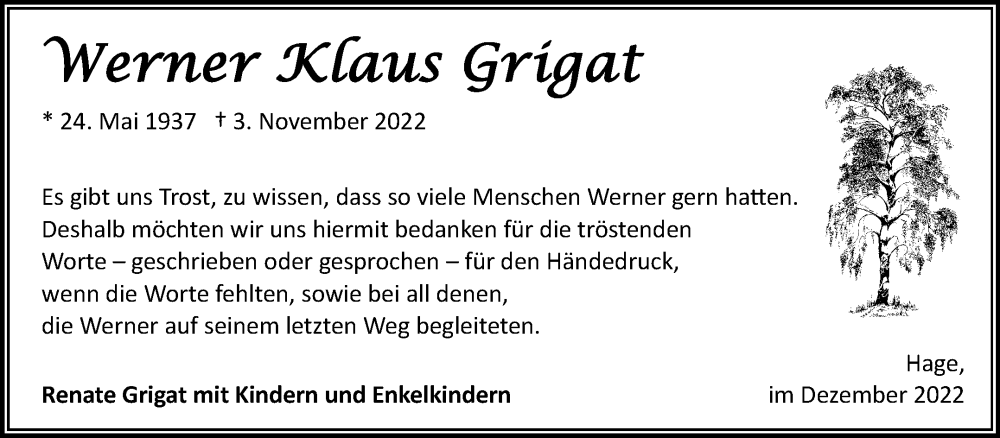  Traueranzeige für Werner Klaus Grigat vom 10.12.2022 aus 