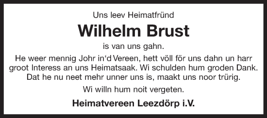 Traueranzeige von Wilhelm Brust 