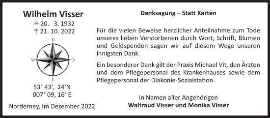 Traueranzeige von Wilhelm Visser 