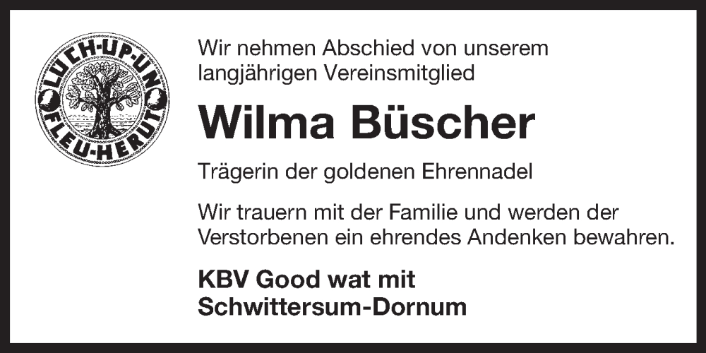  Traueranzeige für Wilma Büscher vom 01.12.2022 aus 