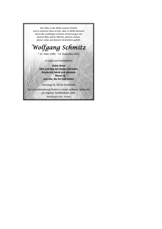 Traueranzeige von Wolfgang Schmitz 