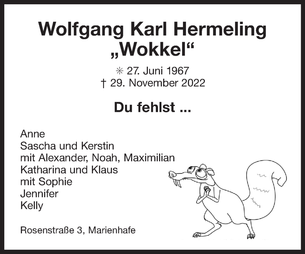  Traueranzeige für Wolfgang Karl Hermeling vom 07.12.2022 aus 