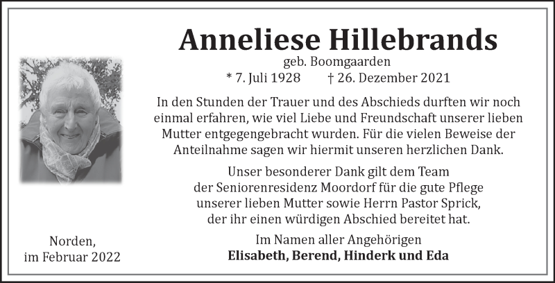  Traueranzeige für Anneliese Hillebrands vom 12.02.2022 aus 