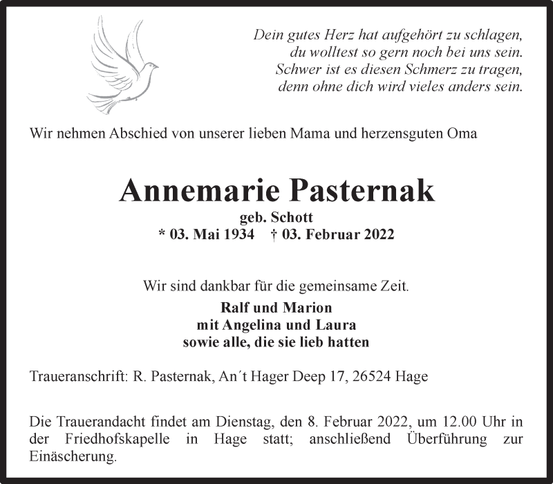 Traueranzeige für Annemarie Pasternak vom 05.02.2022 aus 