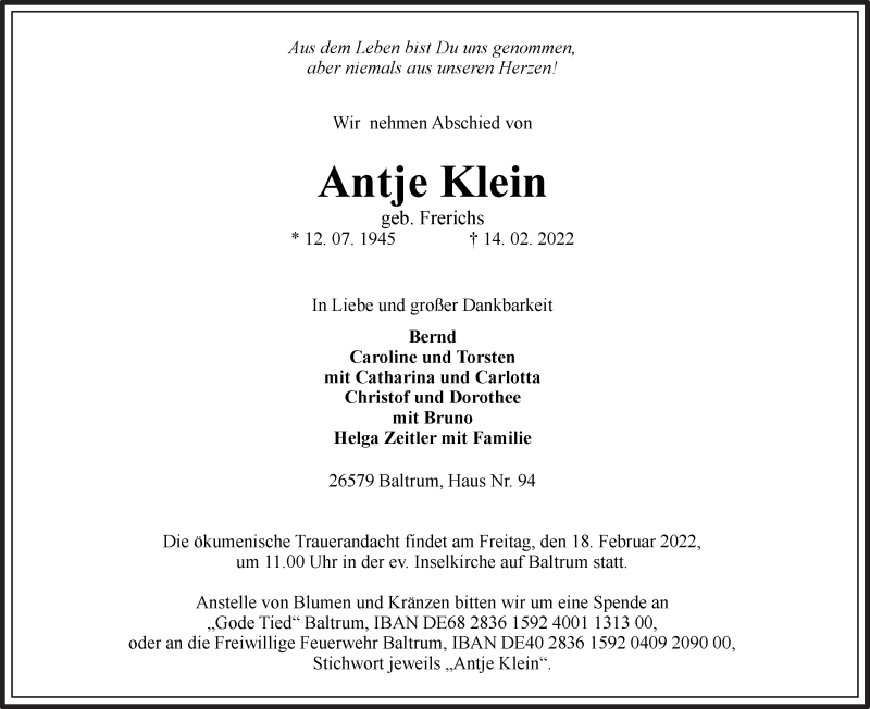 Traueranzeige für Antje Klein vom 16.02.2022 aus 