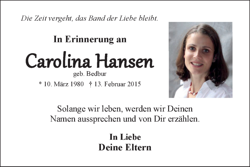  Traueranzeige für Carolina Hansen vom 12.02.2022 aus 