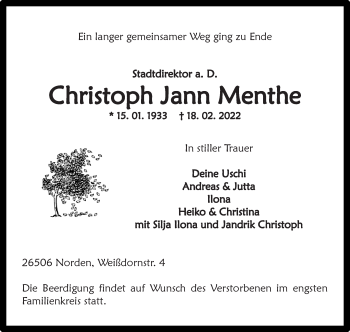 Traueranzeige von Christoph Jann Menthe 
