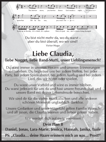 Traueranzeige von Claudia  