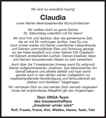 Traueranzeige von Claudia  