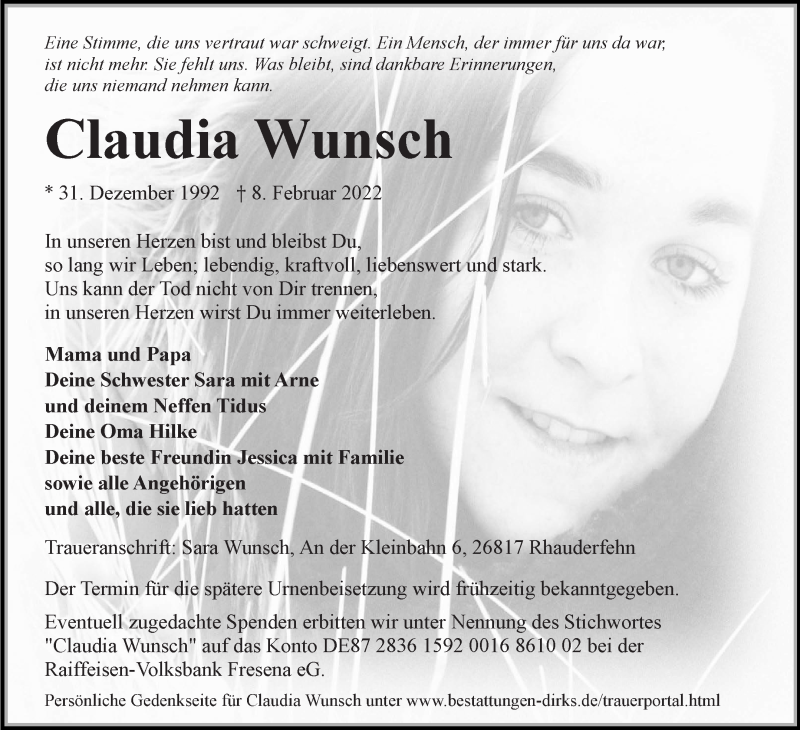  Traueranzeige für Claudia Wunsch vom 12.02.2022 aus 