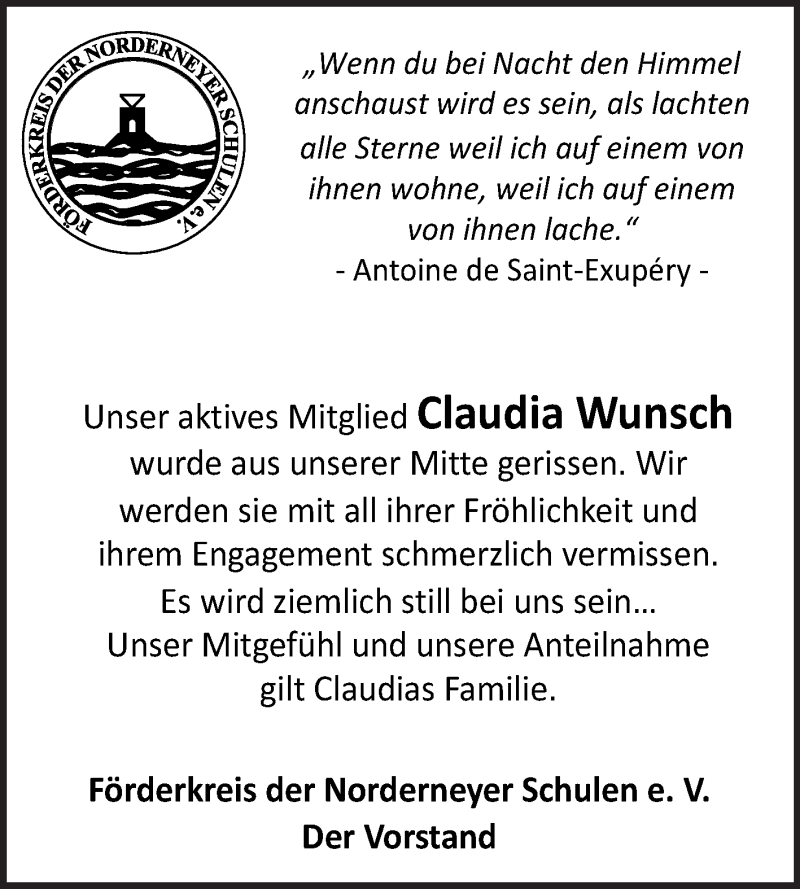  Traueranzeige für Claudia Wunsch vom 15.02.2022 aus 