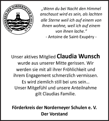 Traueranzeige von Claudia Wunsch 