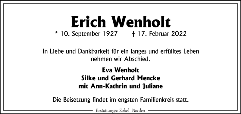  Traueranzeige für Erich Wenholt vom 26.02.2022 aus 