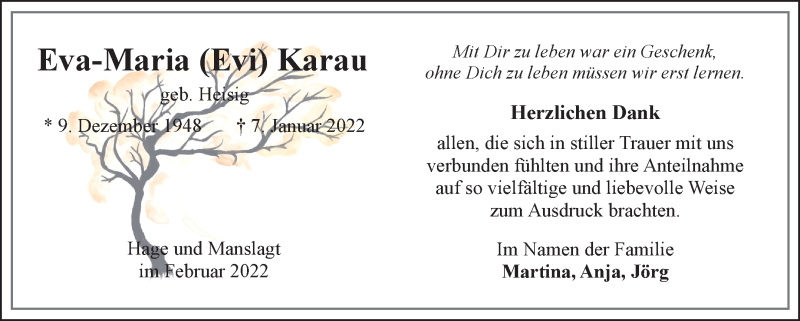  Traueranzeige für Eva-Maria  Karau vom 26.02.2022 aus 