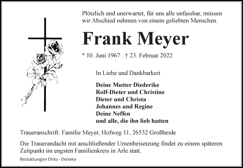  Traueranzeige für Frank Meyer vom 26.02.2022 aus 