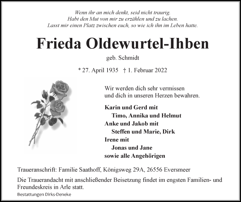  Traueranzeige für Frieda Oldewurtel-Ihben vom 03.02.2022 aus 