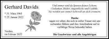 Traueranzeige von Gerhard Davids 