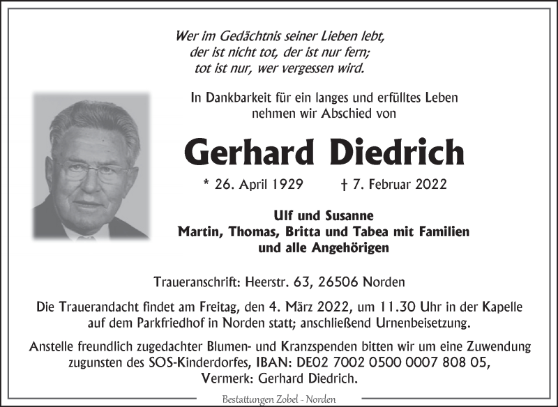  Traueranzeige für Gerhard Diedrich vom 26.02.2022 aus 