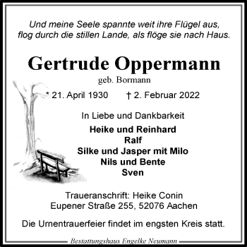 Traueranzeige von Gertrude Oppermann 