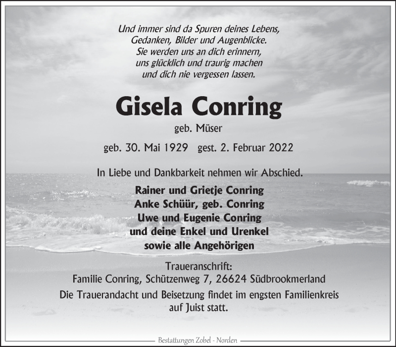  Traueranzeige für Gisela Conring vom 05.02.2022 aus 