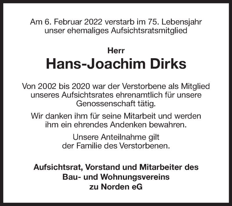  Traueranzeige für Hans-Joachim Dirks vom 09.02.2022 aus 
