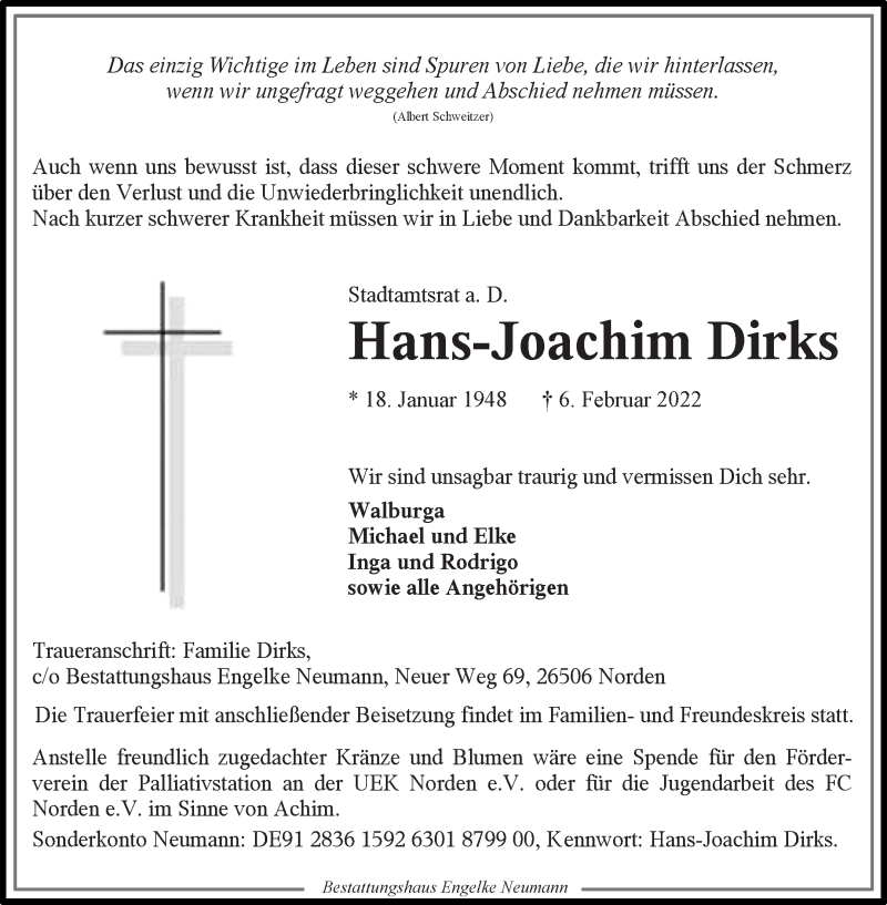  Traueranzeige für Hans-Joachim Dirks vom 08.02.2022 aus 