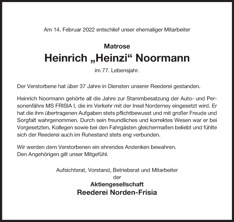  Traueranzeige für Heinrich Noormann vom 17.02.2022 aus 