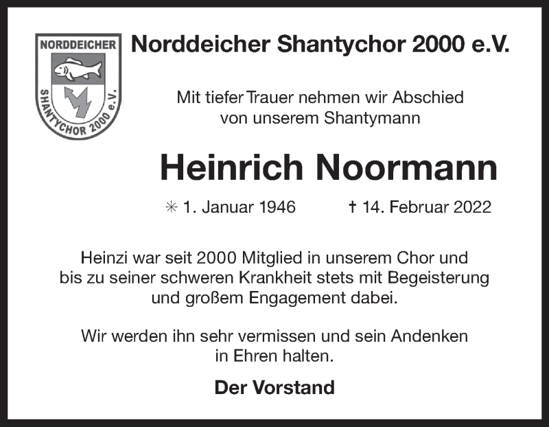  Traueranzeige für Heinrich Noormann vom 21.02.2022 aus 
