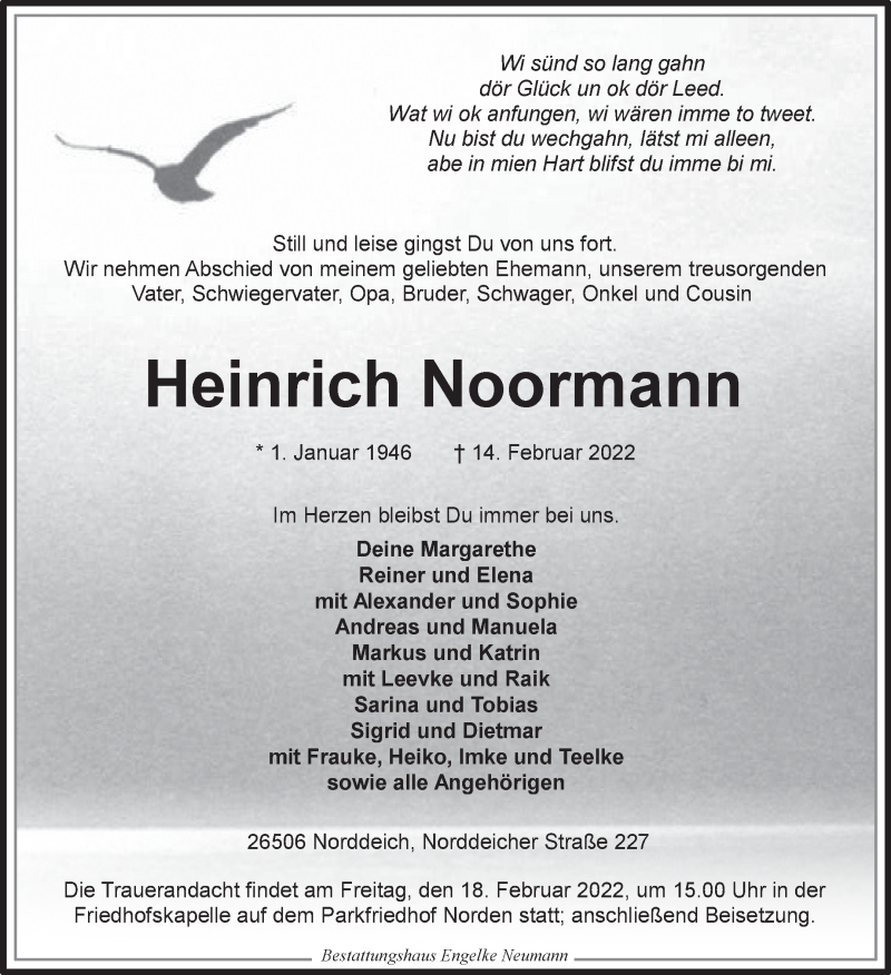 Traueranzeige für Heinrich Noormann vom 15.02.2022 aus 