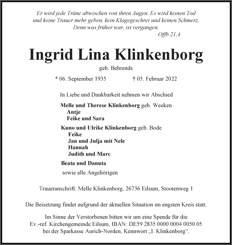  Traueranzeige für Ingrid Lina Klinkenborg vom 08.02.2022 aus 