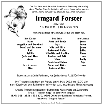 Traueranzeige von Irmgard Forster 
