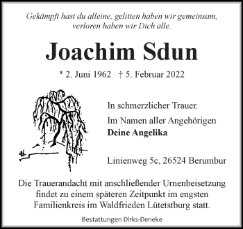 Traueranzeige von Joachim Sdun 