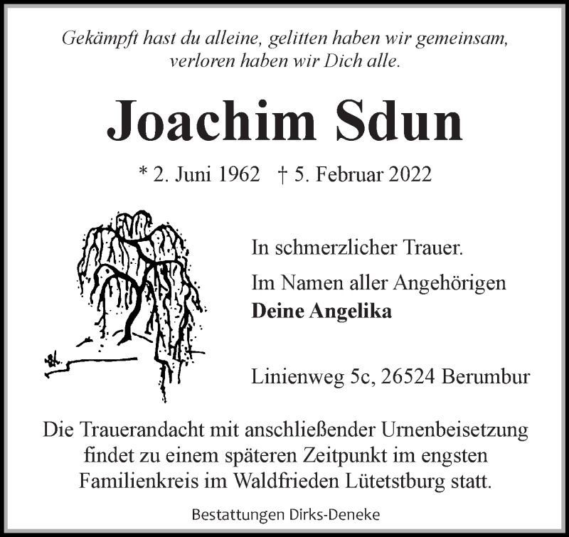  Traueranzeige für Joachim Sdun vom 08.02.2022 aus 