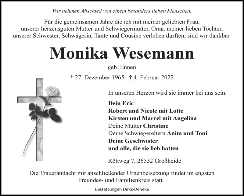  Traueranzeige für Monika Wesemann vom 08.02.2022 aus 