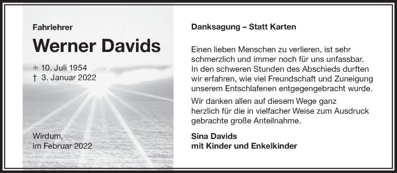  Traueranzeige für Werner Davids vom 12.02.2022 aus 