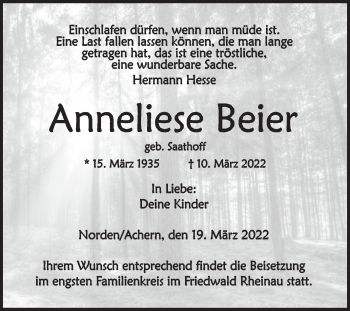 Traueranzeige von Anneliese Beier 