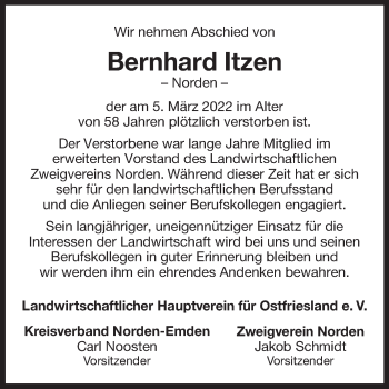 Traueranzeige von Bernhard Itzen 