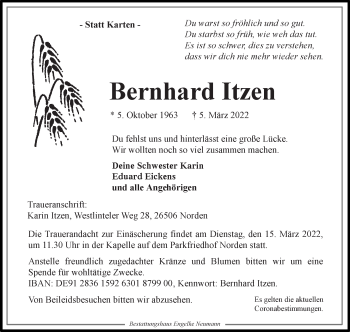 Traueranzeige von Bernhard Itzen 