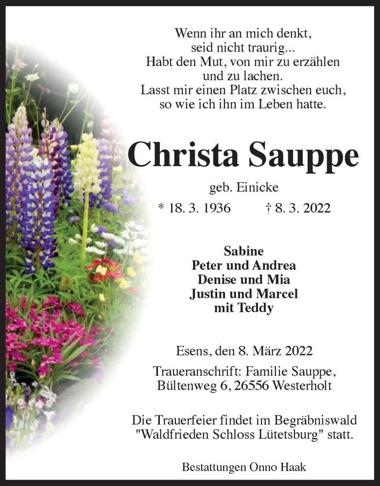  Traueranzeige für Christa Sauppe vom 19.03.2022 aus 