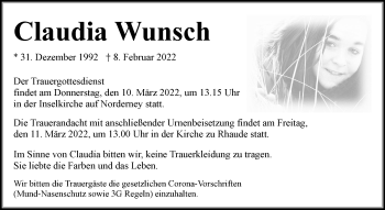Traueranzeige von Claudia Wunsch 