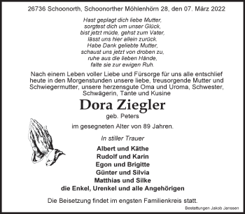Traueranzeige von Dora Ziegler 