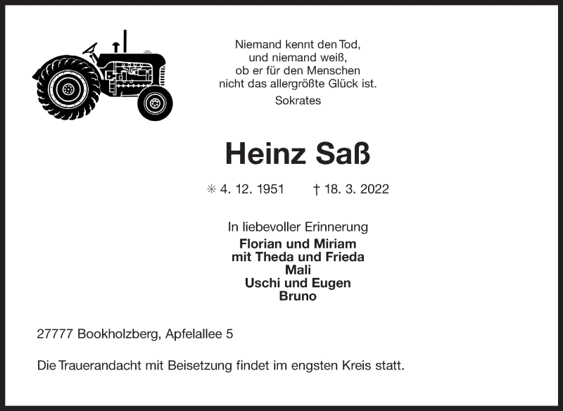 Traueranzeige für Heinz Saß vom 26.03.2022 aus 