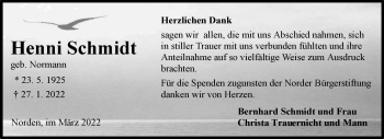 Traueranzeige von Henni Schmidt 