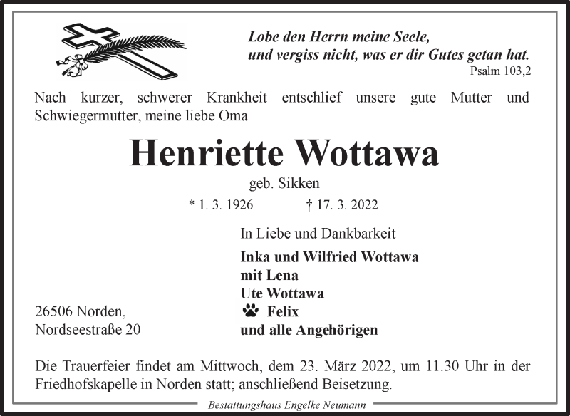  Traueranzeige für Henriette Wottawa vom 19.03.2022 aus 