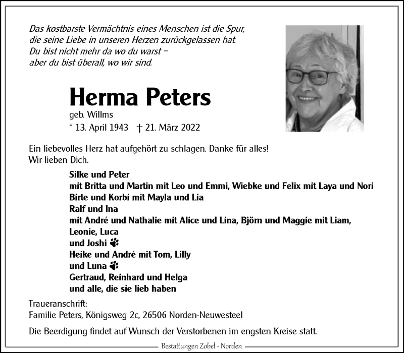  Traueranzeige für Herma Peters vom 26.03.2022 aus 