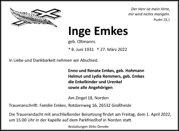 Traueranzeige von Inge Emkes 