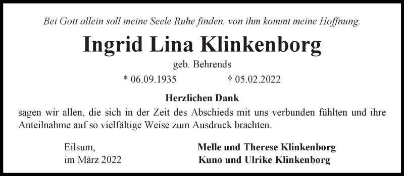  Traueranzeige für Ingrid Lina Klinkenborg vom 19.03.2022 aus 